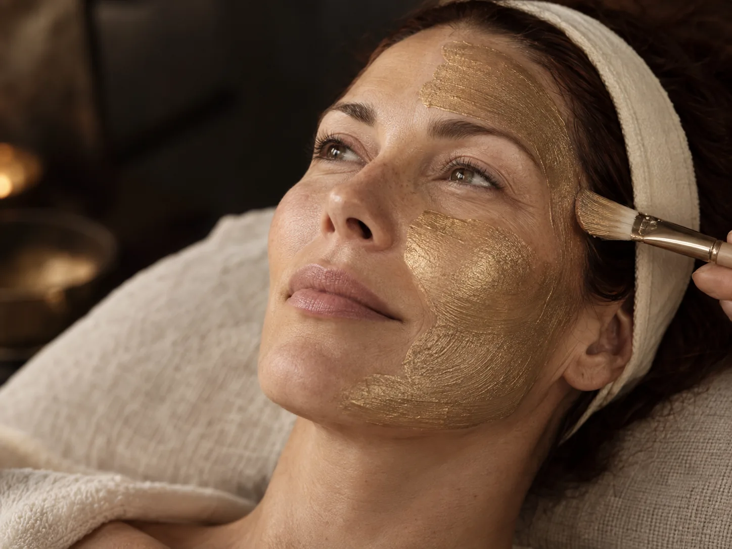 Illustrative application of a gold-colored cosmetic facial mask.