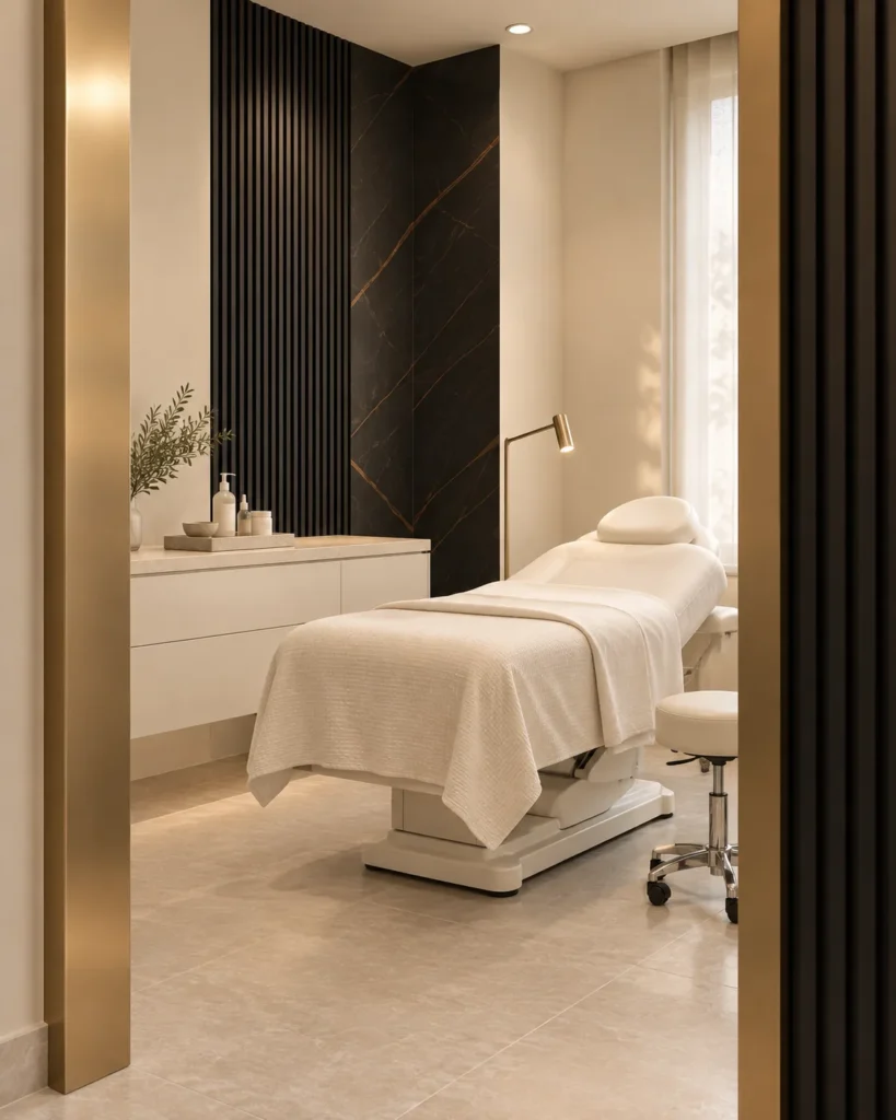 Treatment room with a bed and soft lighting
