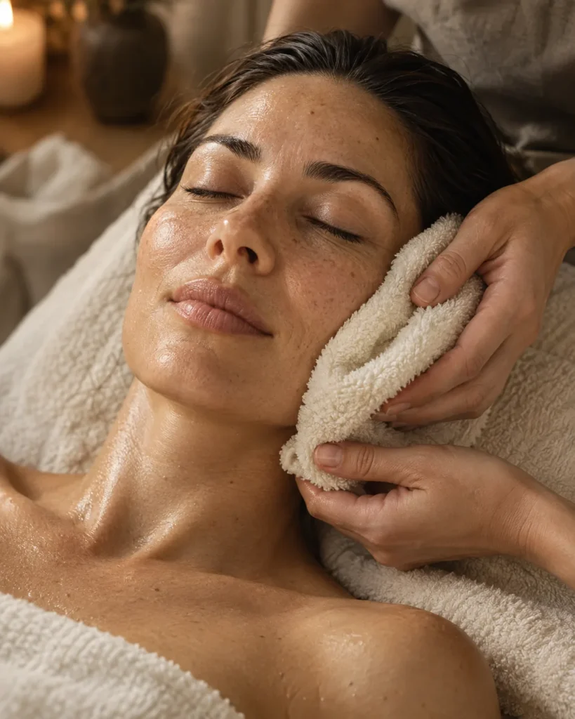 Illustrative skincare moment with an ivory towel framing a relaxed face.