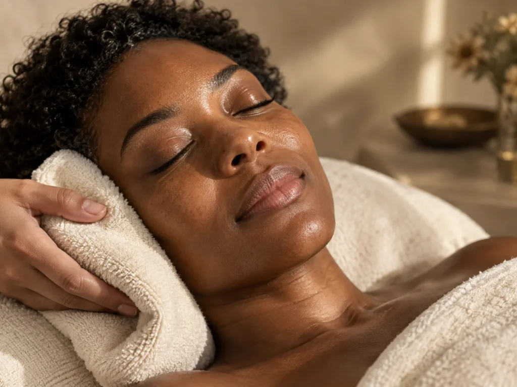 Illustrative skincare moment with an ivory towel framing a relaxed face.