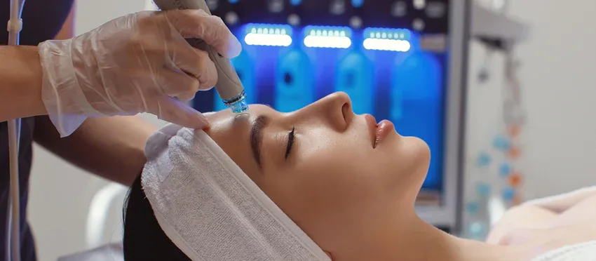 A facial applicator being used on the forehead of a reclining woman.