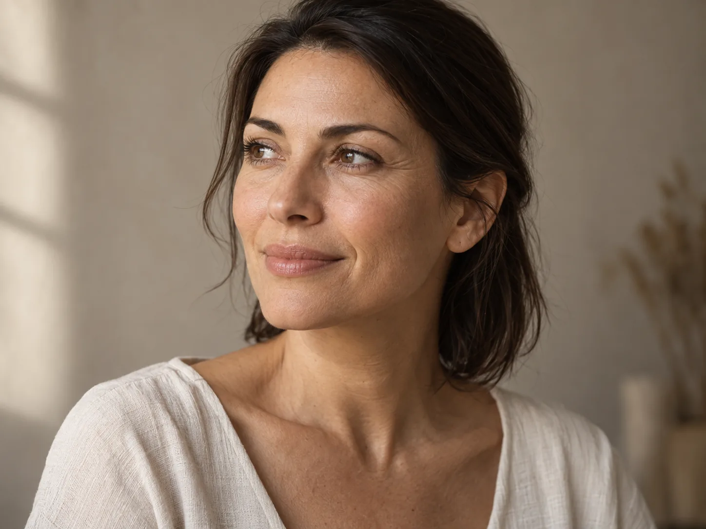 Editorial portrait showing natural cheek texture and fine lines.