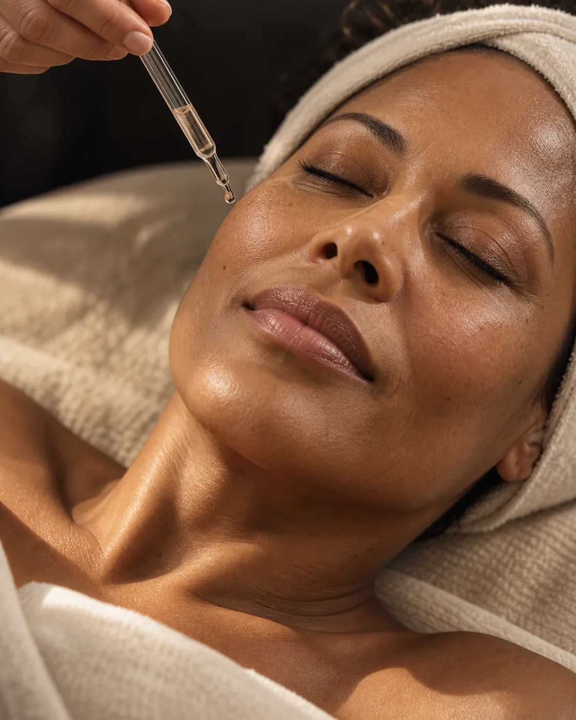 A glass dropper holding a clear serum drop above a woman’s cheek.