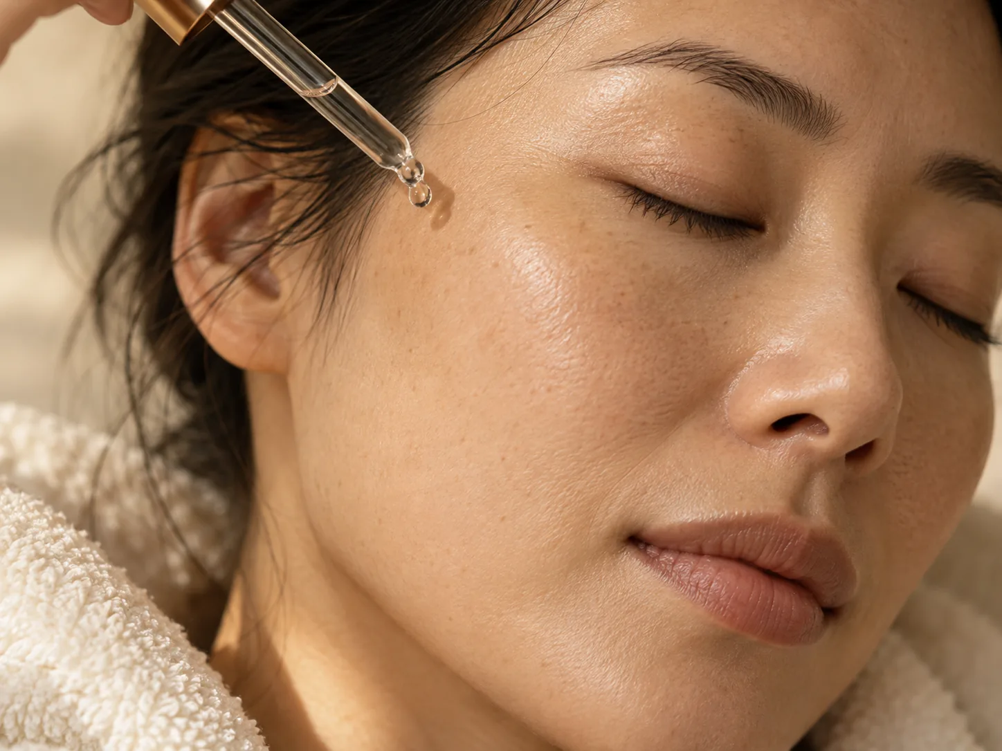 Illustrative close-up of a clear serum dropper above a cheek.
