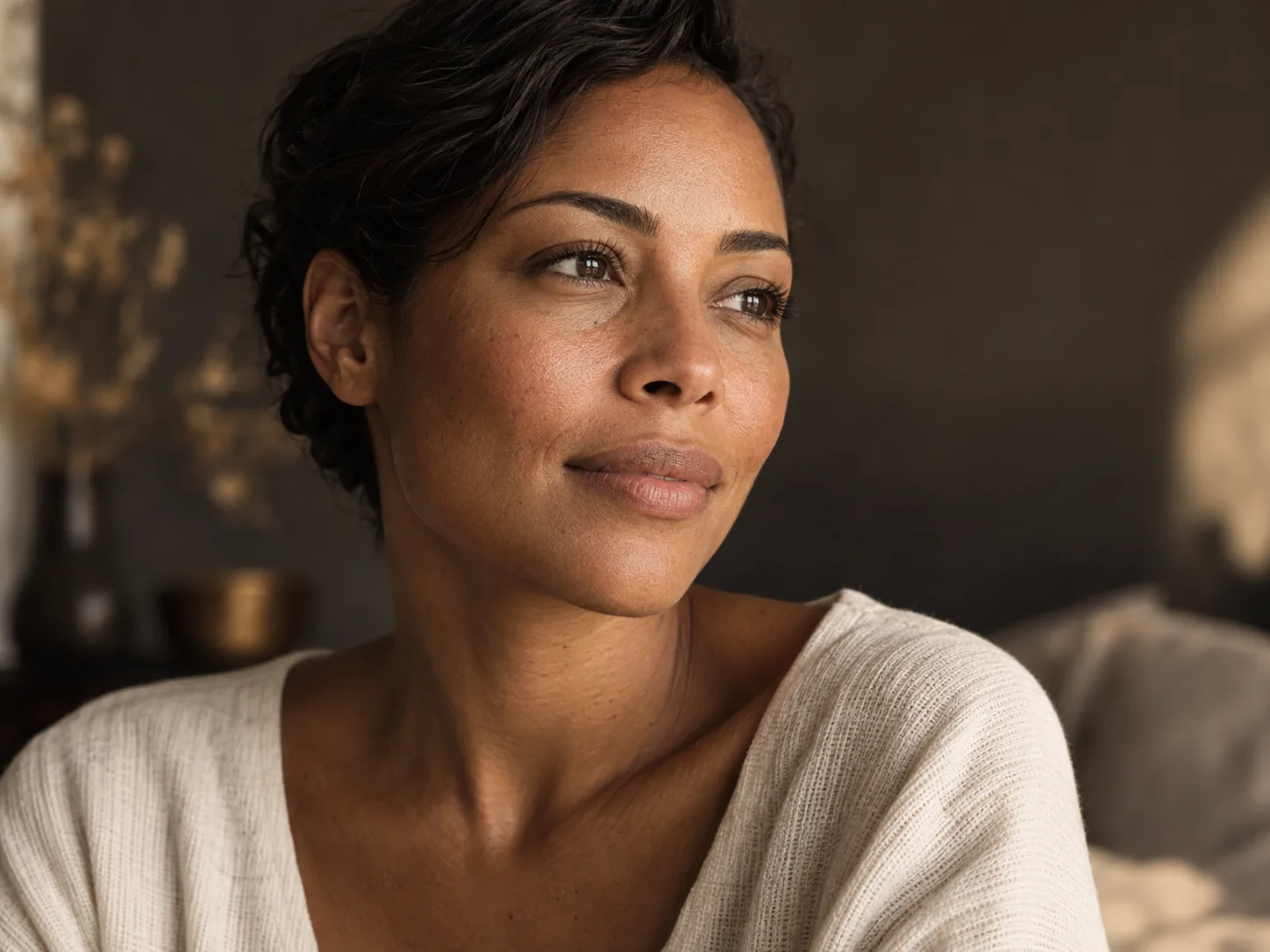 Editorial portrait showing natural skin texture in soft side light.