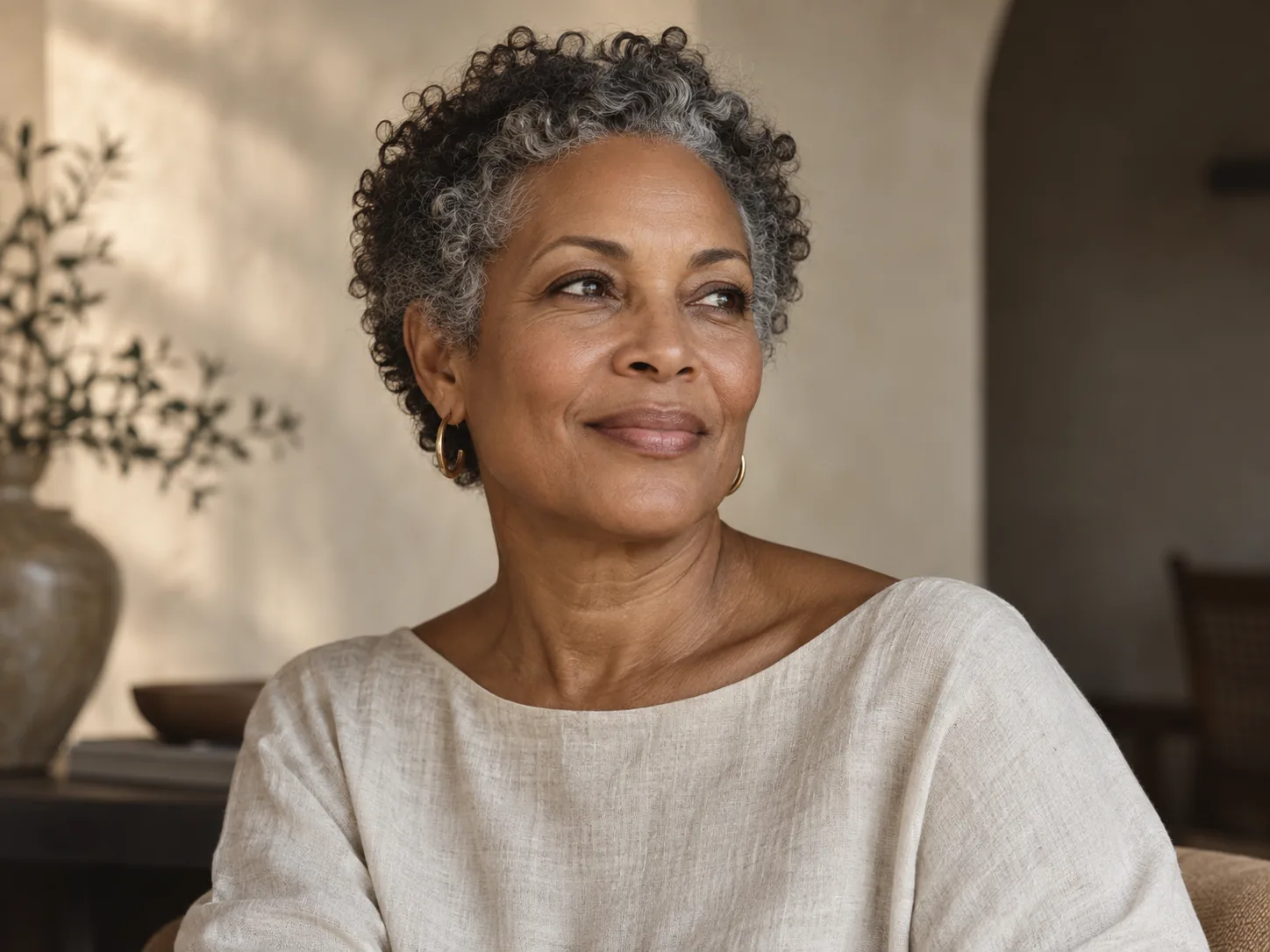 Editorial portrait of a woman with naturally textured skin and silver curls.