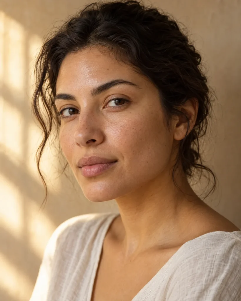 Portrait of a woman with her hair pulled back and natural pores visible around her nose and cheeks.
