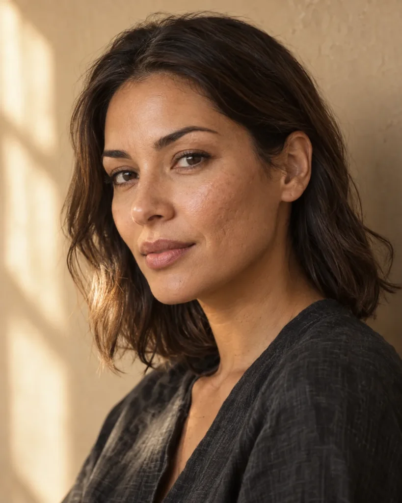 Three-quarter portrait of a woman in a charcoal top, with subtle cheek texture in warm light.