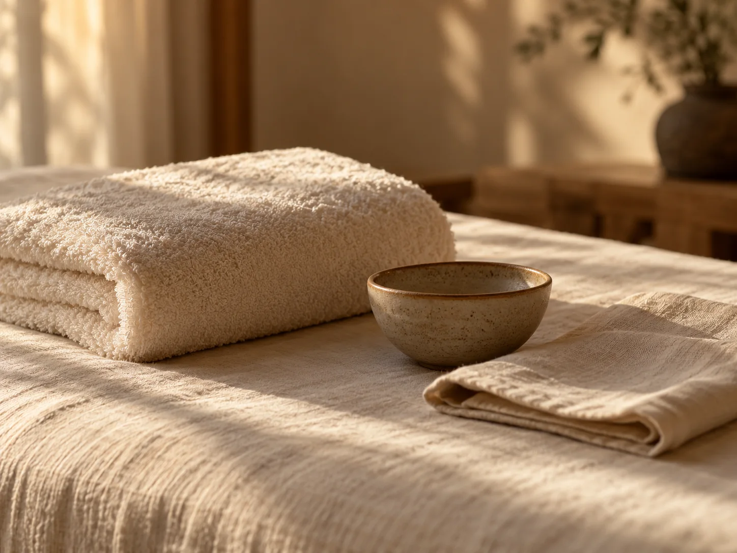 A folded ivory towel and a small ceramic bowl on pale linen in warm side light.