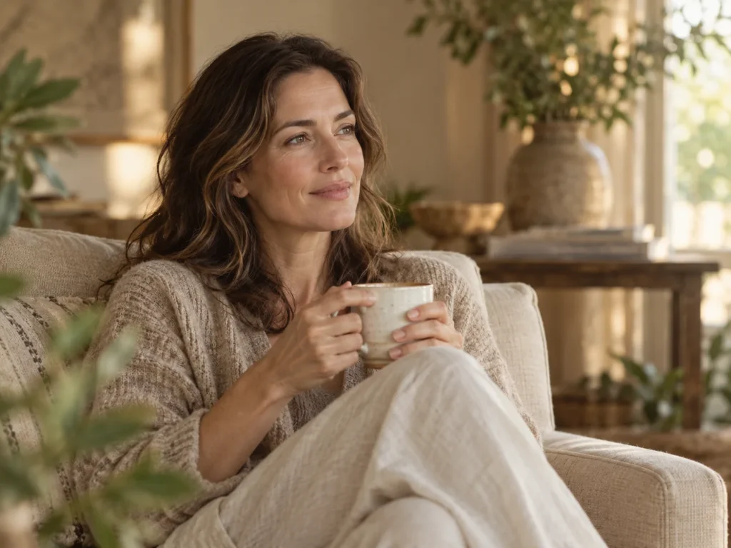 A woman seated in a warmly lit room holding a cup of tea, looking relaxed.
