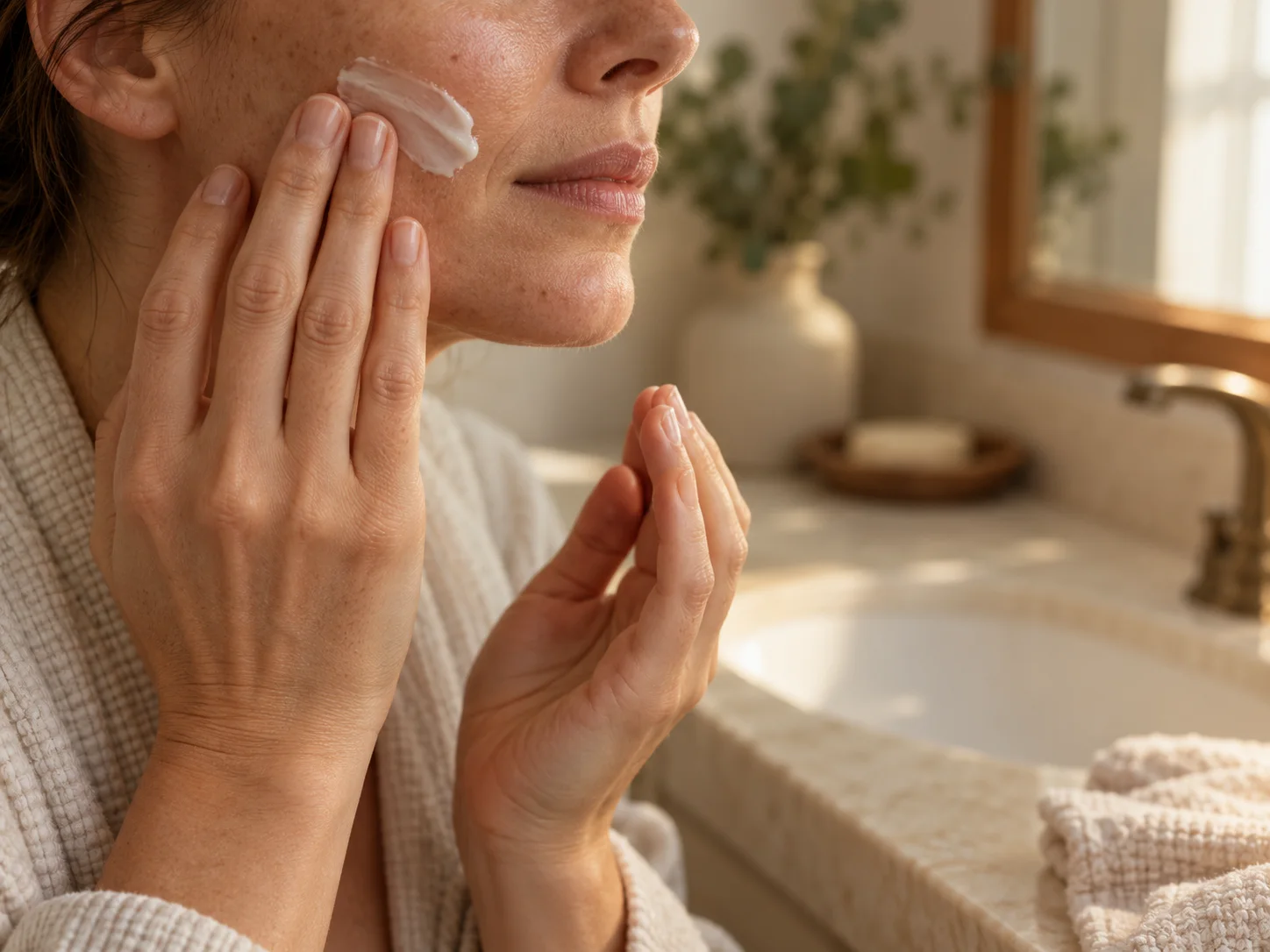 Close view of hands smoothing a plain cream onto the cheek in soft daylight.