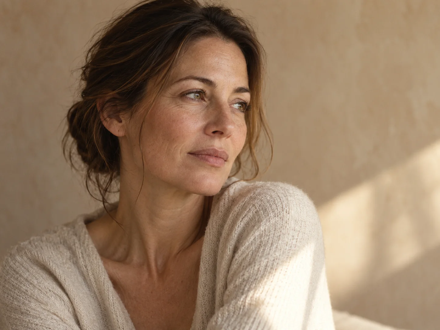 Editorial portrait of a woman in soft daylight, with natural skin texture visible.