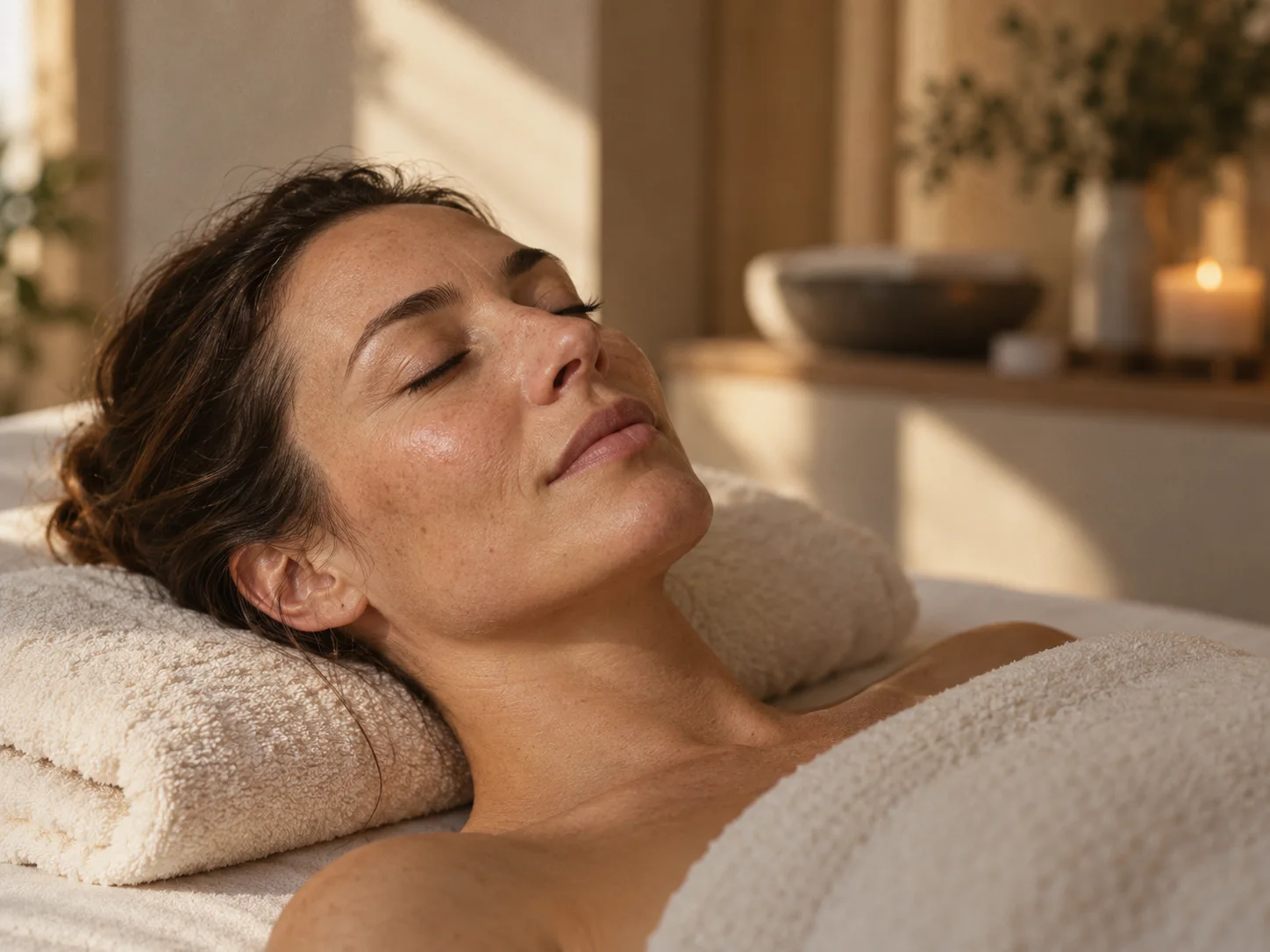 A woman resting on a treatment bed with an ivory towel, eyes closed, in warm daylight.