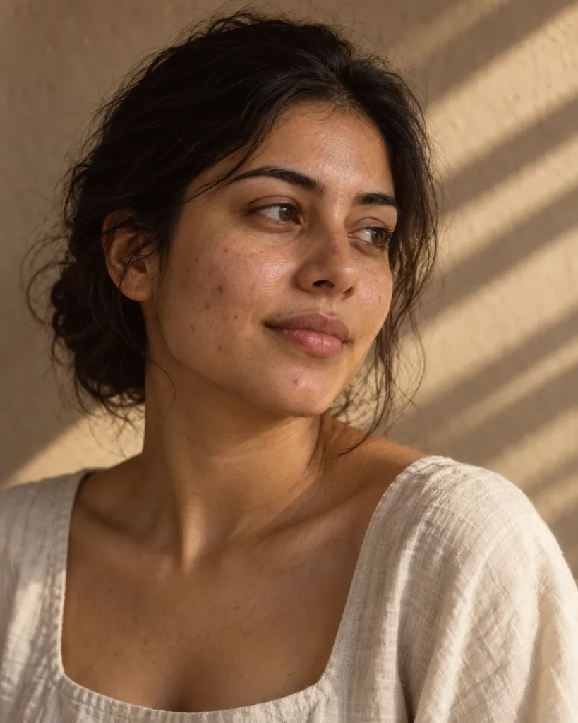 Three-quarter portrait of a woman in a cream linen top, with natural cheek texture in warm window light.