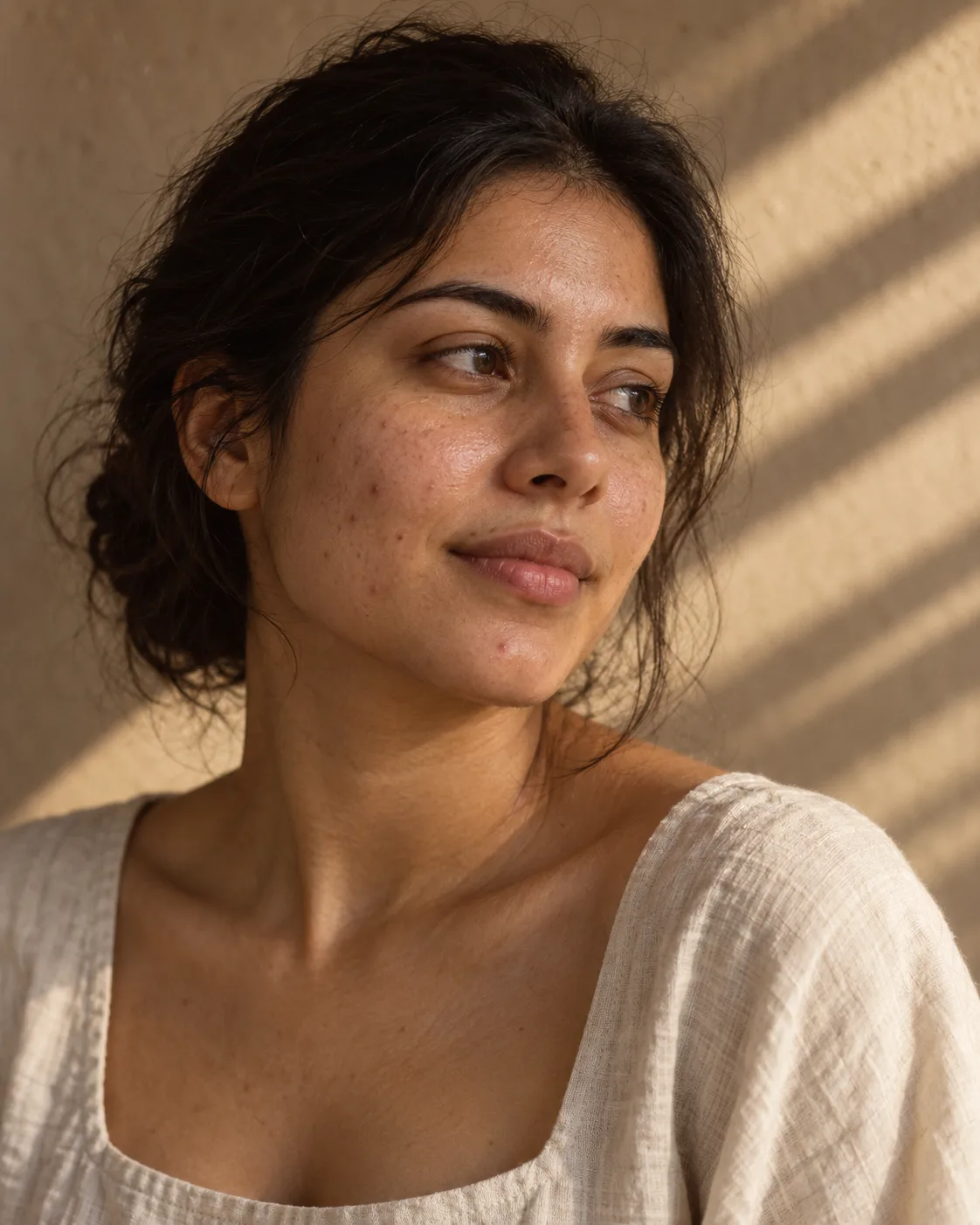 Three-quarter portrait of a woman in a cream linen top, with natural cheek texture in warm window light.