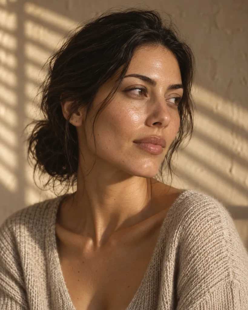 Three-quarter portrait of a woman in a soft knit top, with light catching the skin across her cheek and forehead.