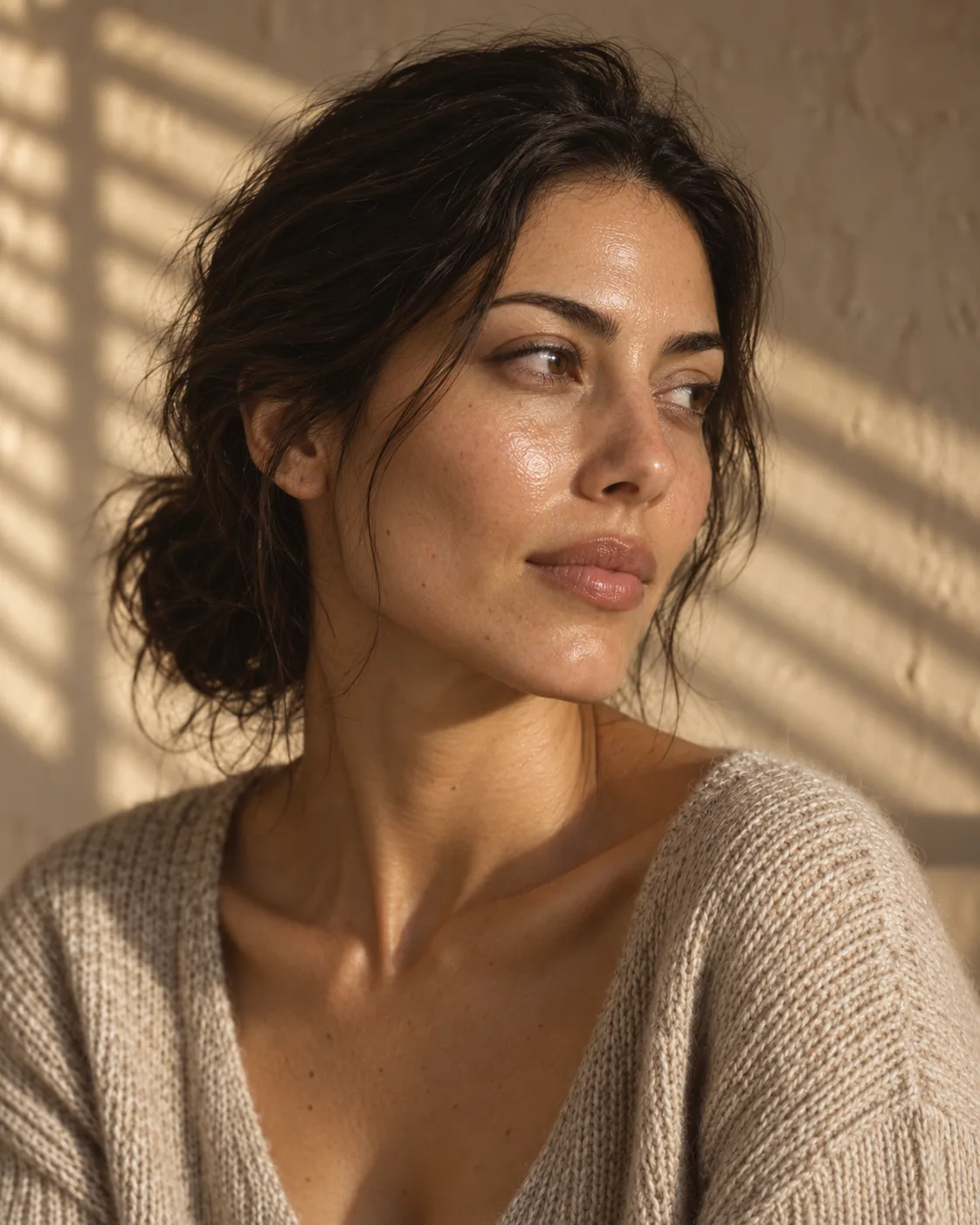 Three-quarter portrait of a woman in a soft knit top, with light catching the skin across her cheek and forehead.