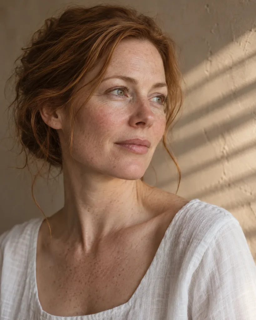 Three-quarter portrait of a woman with fair, freckled skin in a white linen top, lit by soft window light.