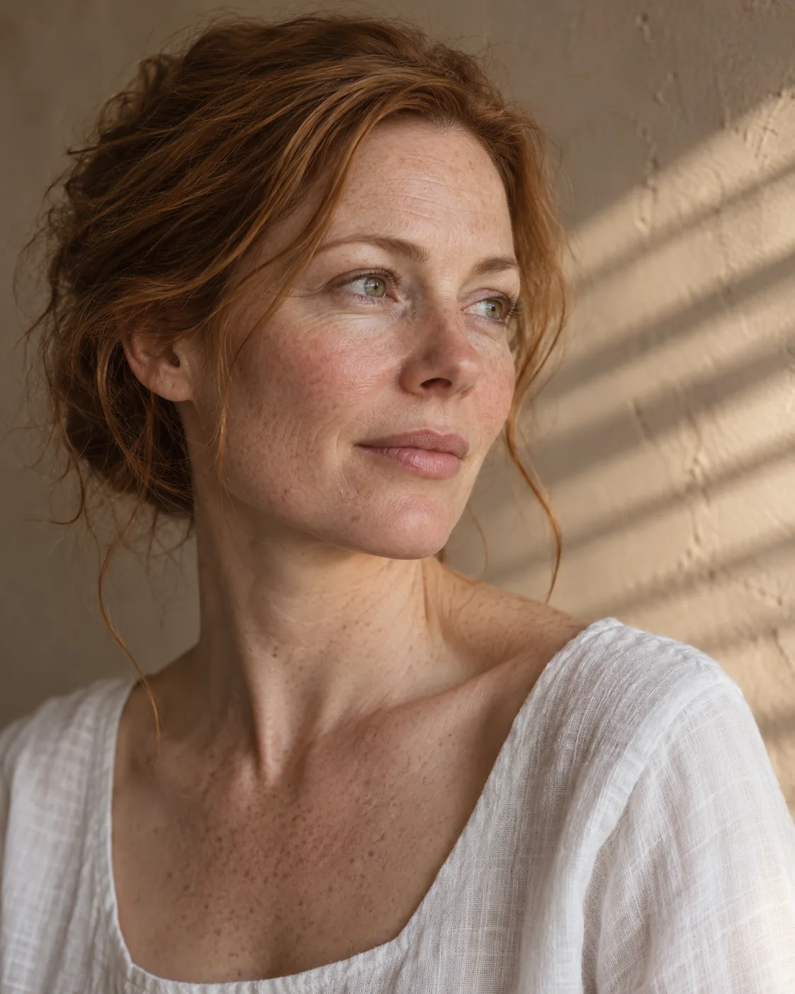 Three-quarter portrait of a woman with fair, freckled skin in a white linen top, lit by soft window light.