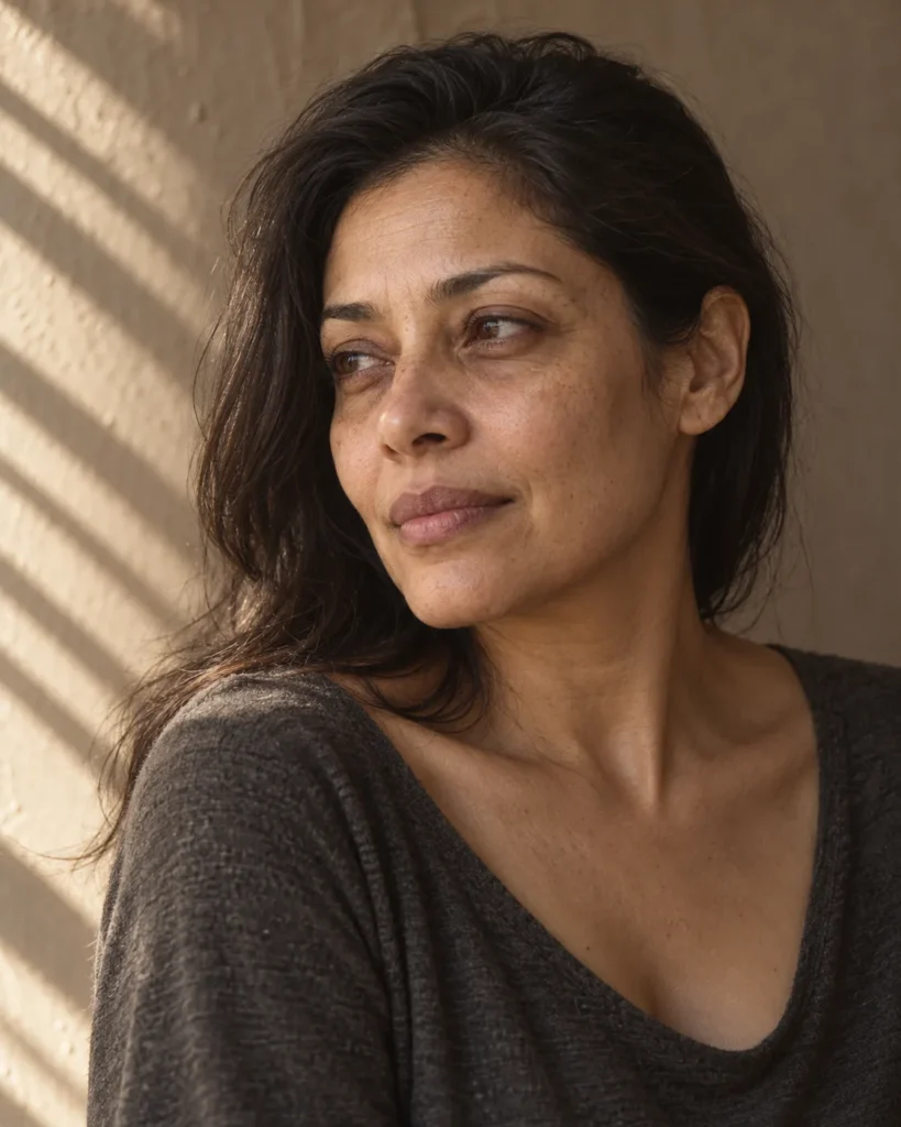 Three-quarter portrait of a woman in a charcoal top, with soft shadow falling across the eye area.