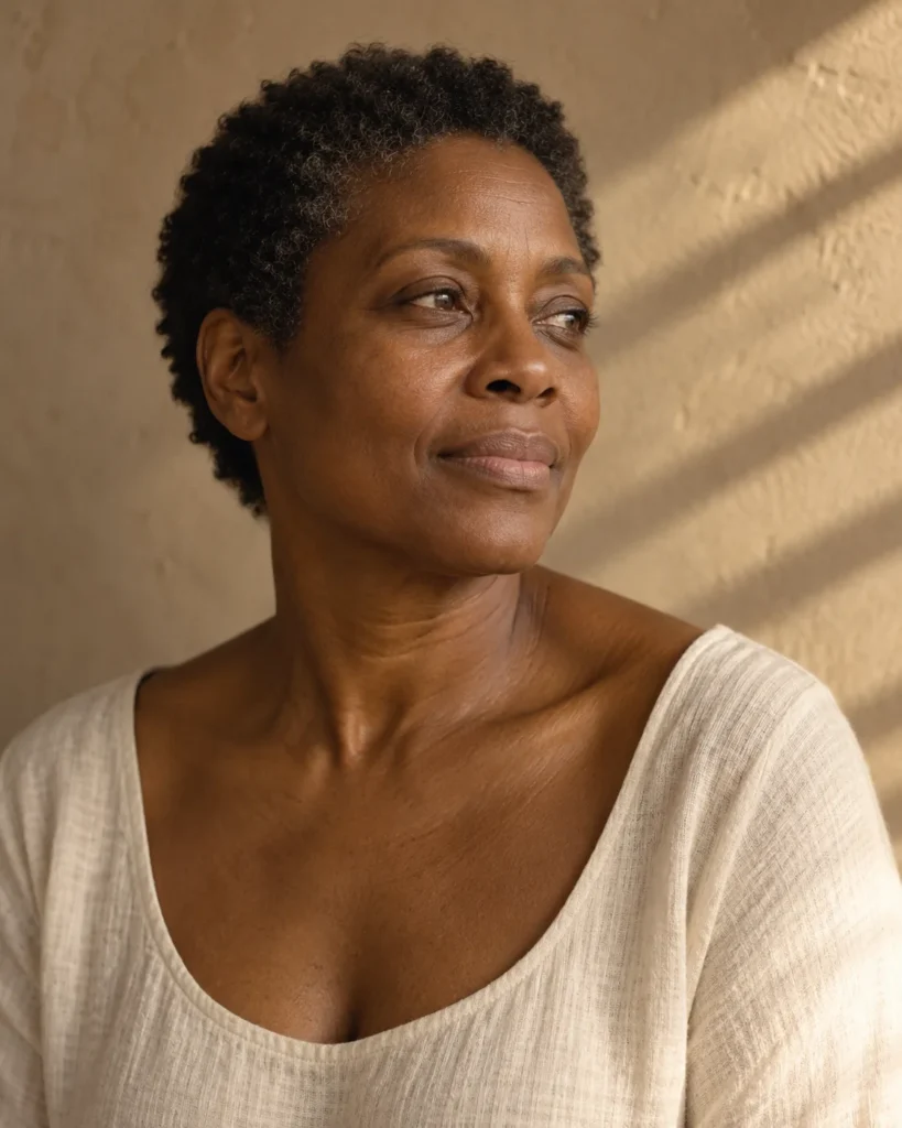Portrait of a woman in a wide-neck top, framed to include the neck and upper chest in warm light.