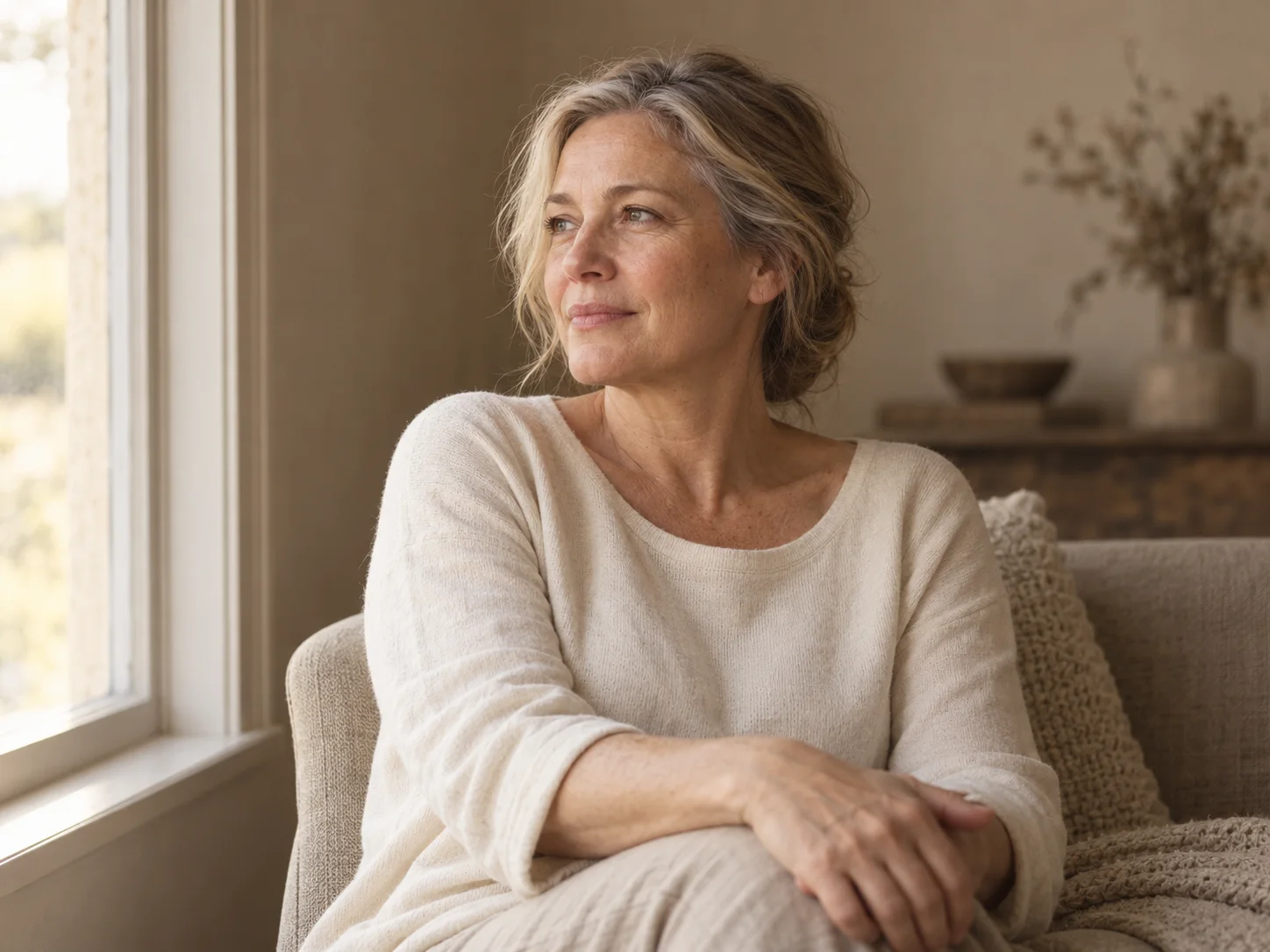 A woman seated by a window in natural light, looking thoughtfully to one side.