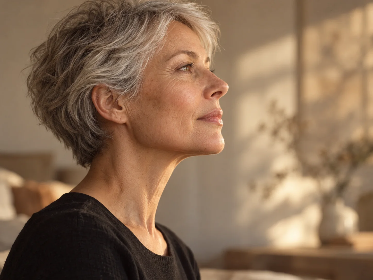 Profile of a woman in warm side light, the line of her jaw and neck clearly visible.